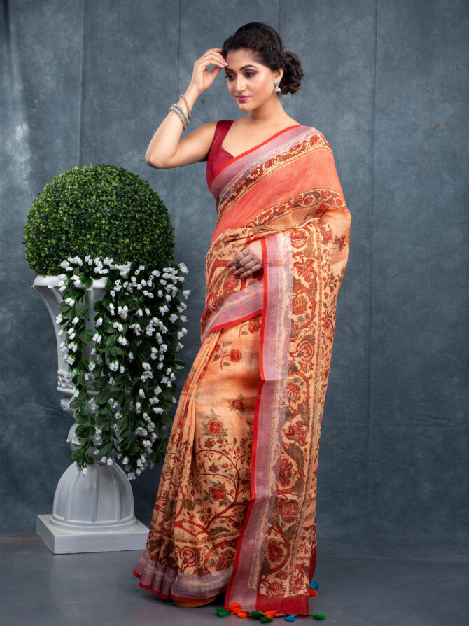 Peach Cremy-Maroon Special Kalamkari Printed Saree