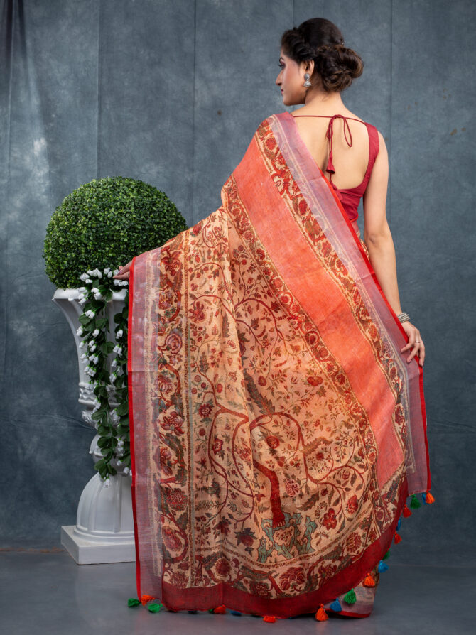 Peach Cremy-Maroon Special Kalamkari Printed Saree