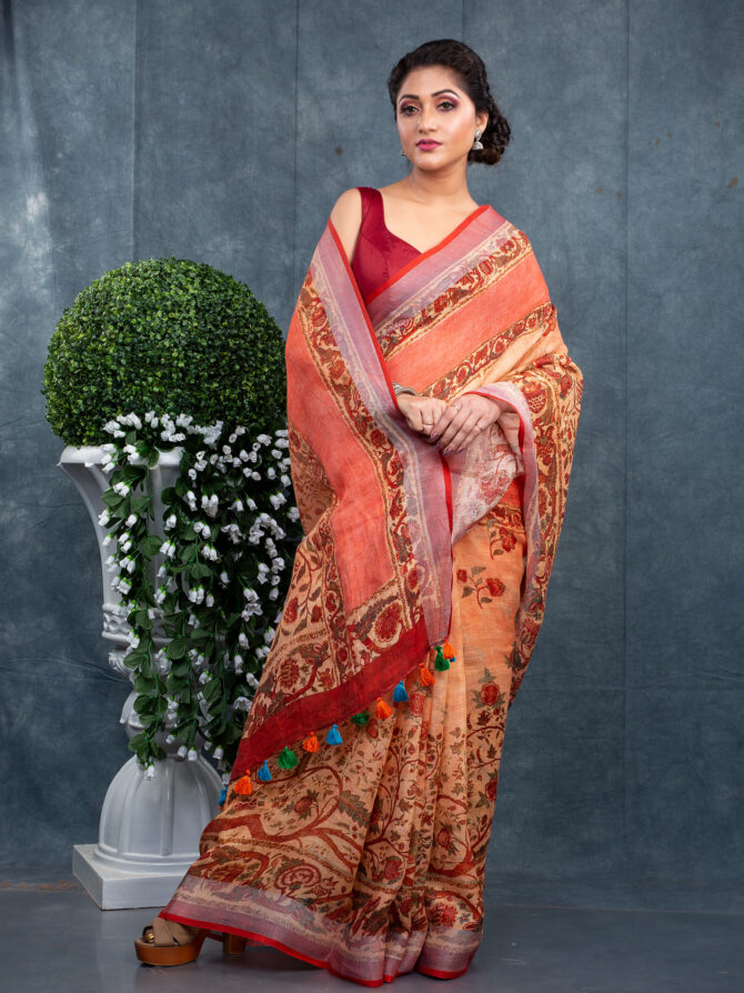 Peach Cremy-Maroon Special Kalamkari Printed Saree