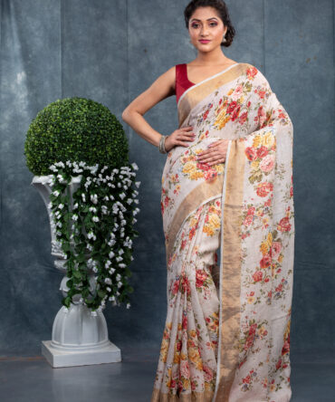 White With Lots Of Red love A Finest Floral Printed saree