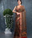 Brown with Green Leafs Digital Printed Kalamkari Saree