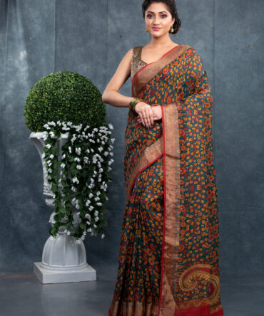 Brown with Green Leafs Digital Printed Kalamkari Saree