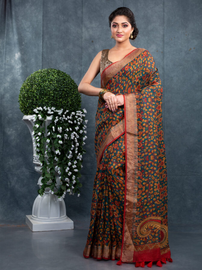Brown with Green Leafs Digital Printed Kalamkari Saree