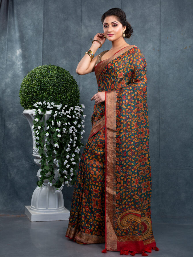 Brown with Green Leafs Digital Printed Kalamkari Saree