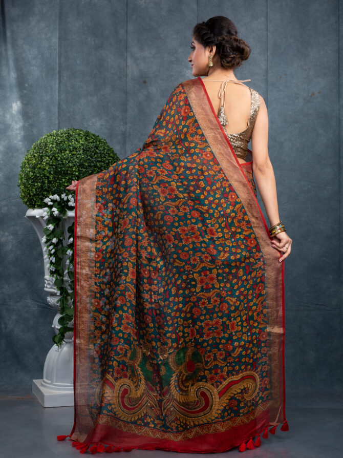Brown with Green Leafs Digital Printed Kalamkari Saree