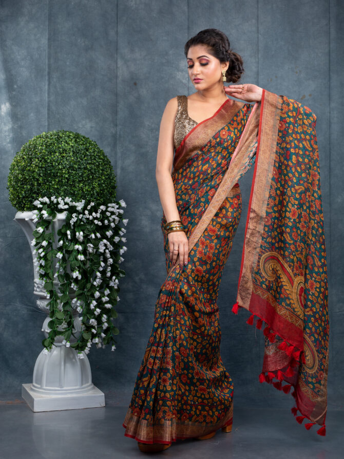 Brown with Green Leafs Digital Printed Kalamkari Saree