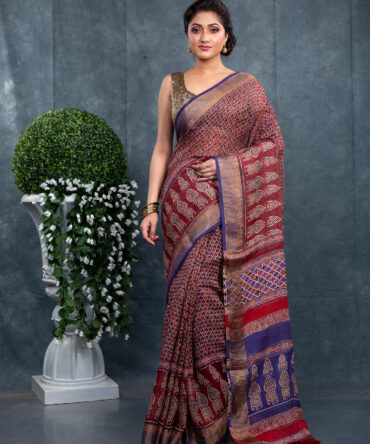 Maroon-Blue Combination in Finest Ajrakh Patola Saree