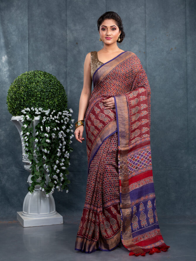 Maroon-Blue Combination in Finest Ajrakh Patola Saree