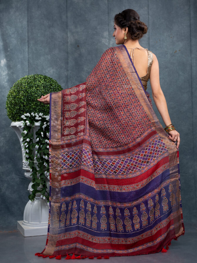 Maroon-Blue Combination in Finest Ajrakh Patola Saree
