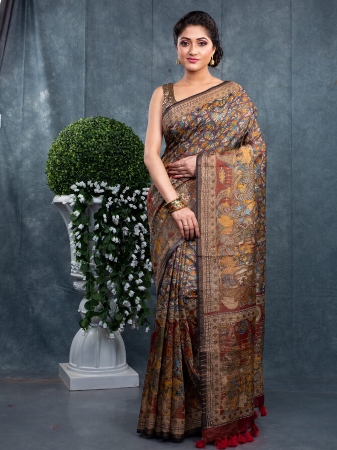 Mixed Mahendi Colour or Lots Of Character In Pichwai Digital Printed Saree
