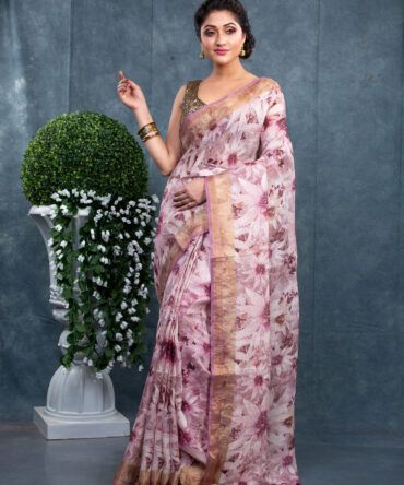 White With Pink Highlighting Floral Digital Printed Saree