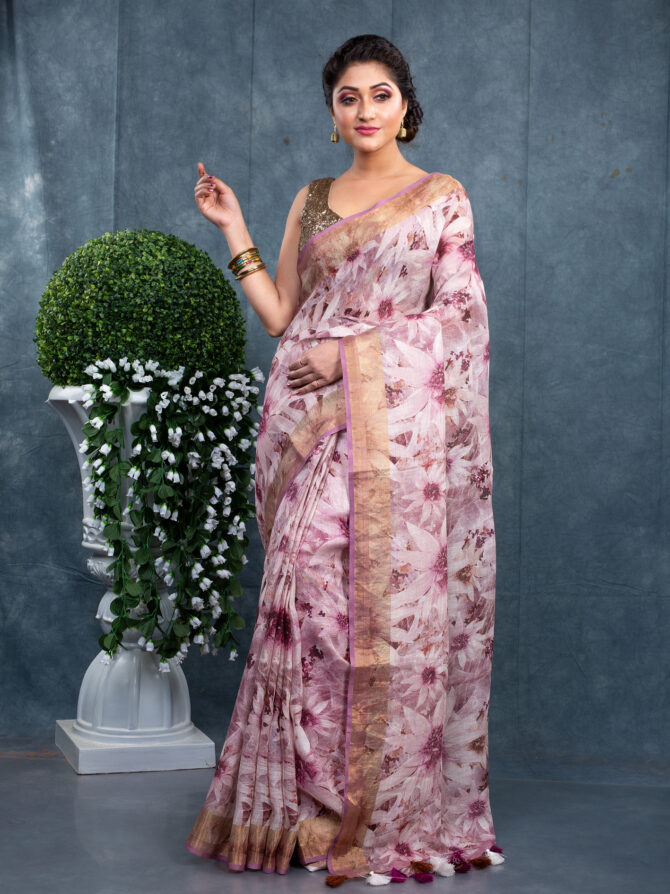 White With Pink Highlighting Floral Digital Printed Saree