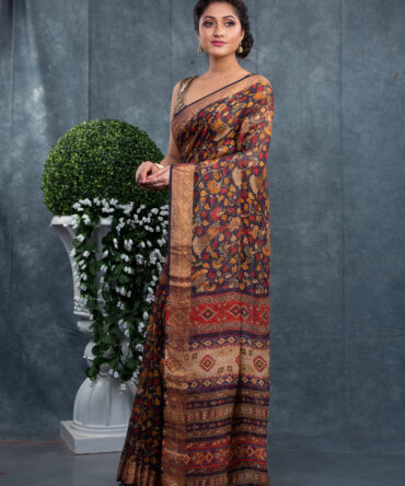Dominant Brown Or Lots Of Leaves Kalamakri Digital Printed Saree