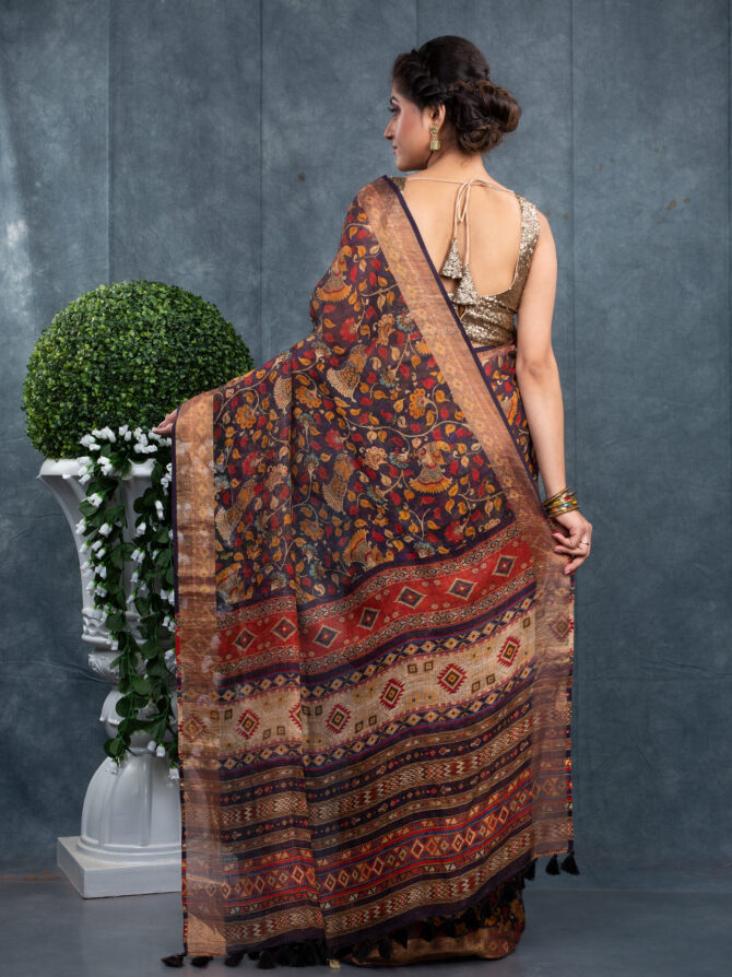 Dominant Brown Or Lots Of Leaves Kalamakri Digital Printed Saree