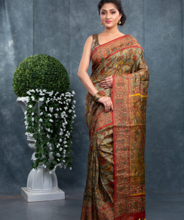 Mahendi Colour With Brown Border Pichwai Printed Saree