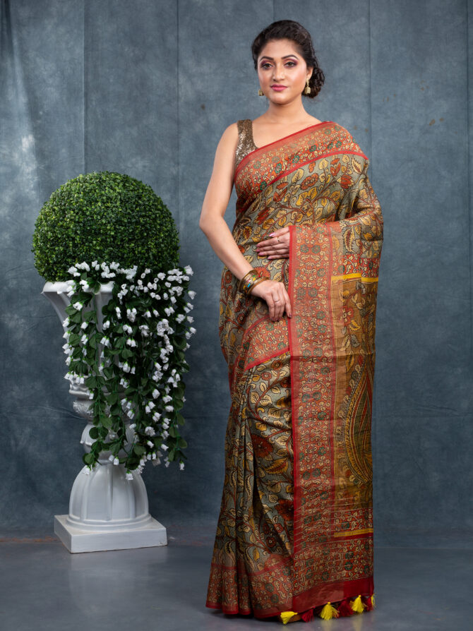 Mahendi Colour With Brown Border Pichwai Printed Saree