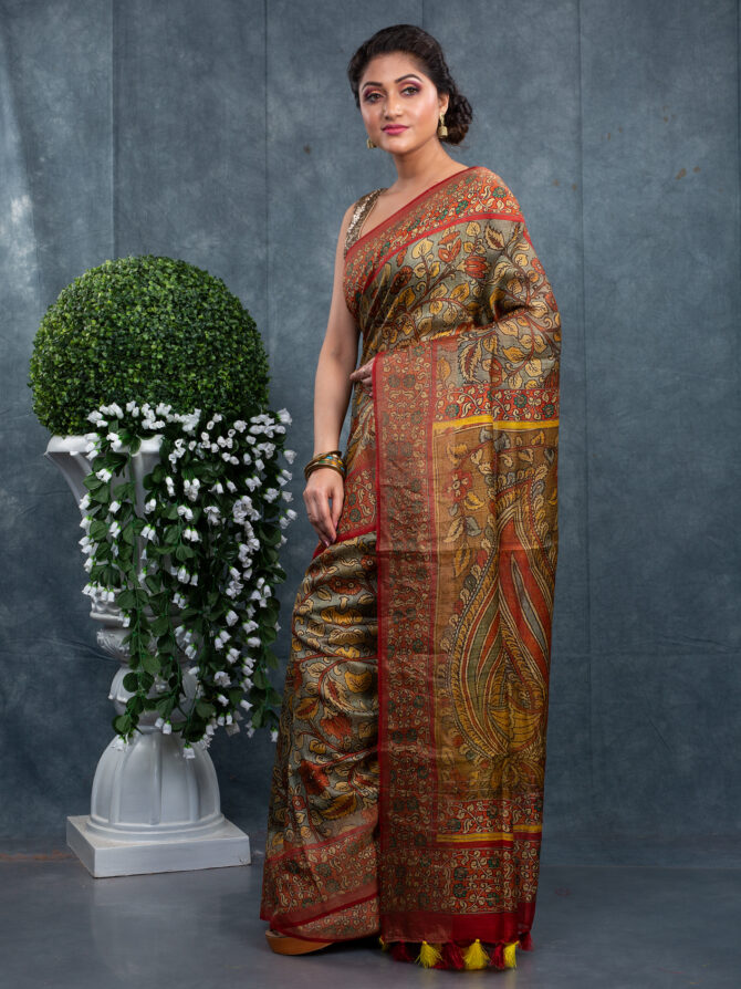 Mahendi Colour With Brown Border Pichwai Printed Saree