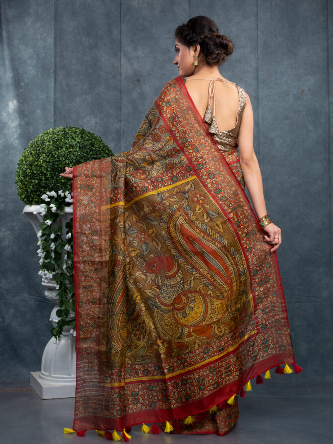 Mahendi Colour With Brown Border Pichwai Printed Saree