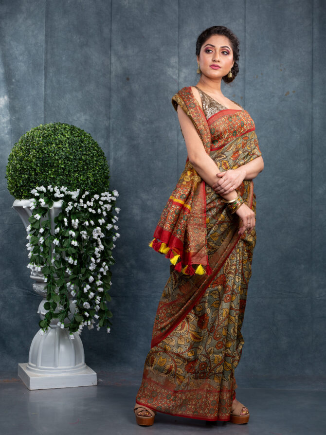Mahendi Colour With Brown Border Pichwai Printed Saree