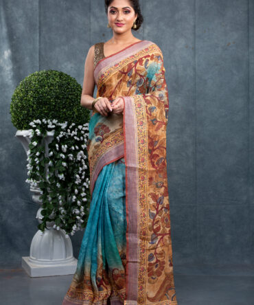 Blue-Brown Special Kalamkari Digital Printed Saree