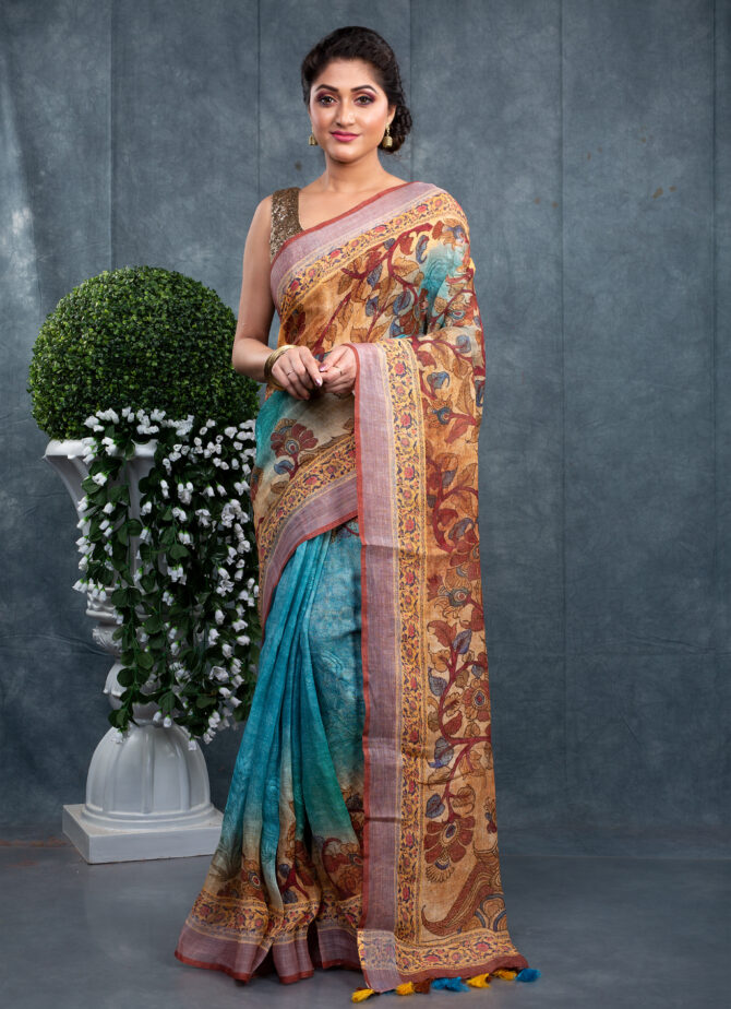 Blue-Brown Special Kalamkari Digital Printed Saree