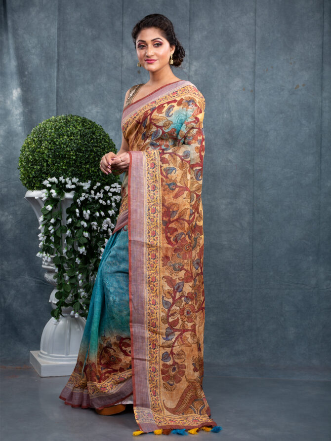 Blue-Brown Special Kalamkari Digital Printed Saree