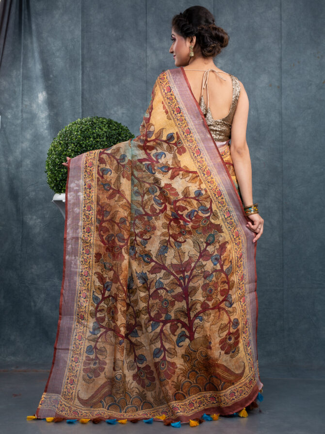 Blue-Brown Special Kalamkari Digital Printed Saree