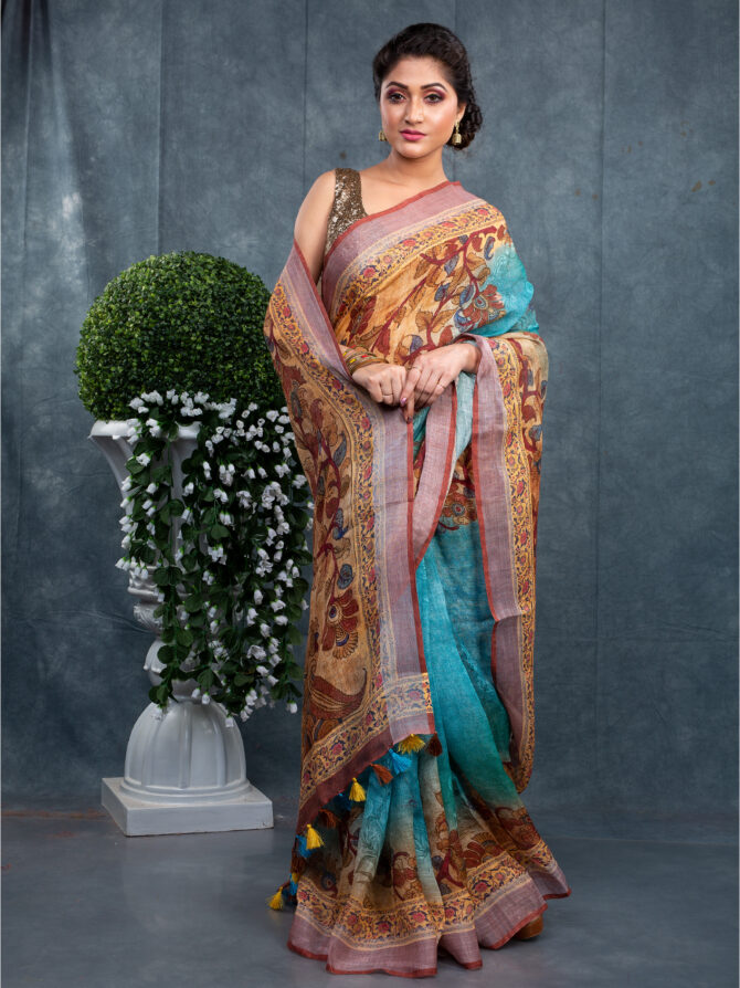 Blue-Brown Special Kalamkari Digital Printed Saree
