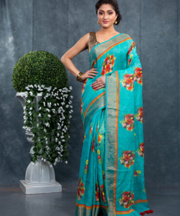 Special Sea-Blue Floral Printed Saree