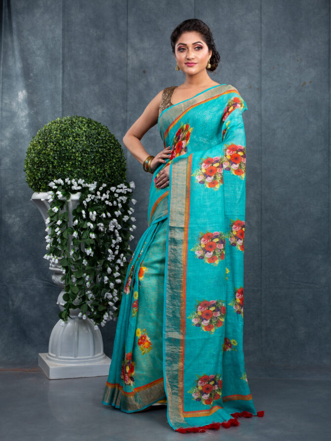 Special Sea-Blue Floral Printed Saree