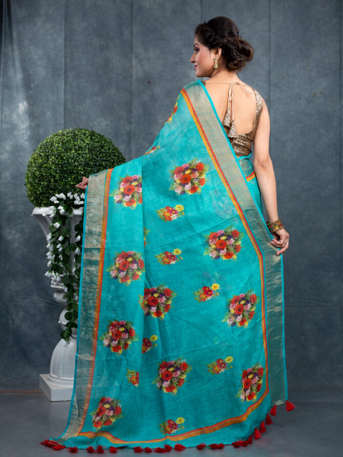 Special Sea-Blue Floral Printed Saree