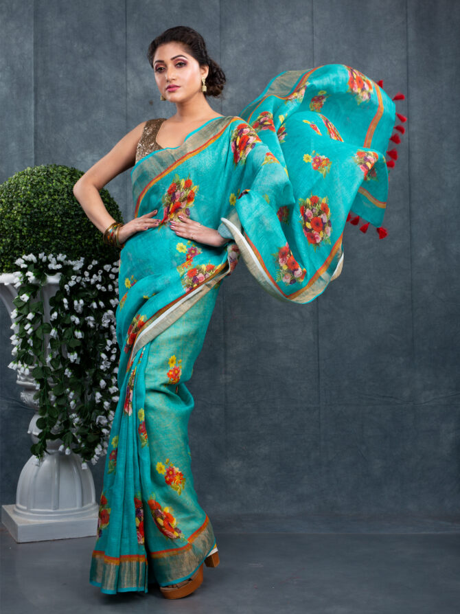 Special Sea-Blue Floral Printed Saree