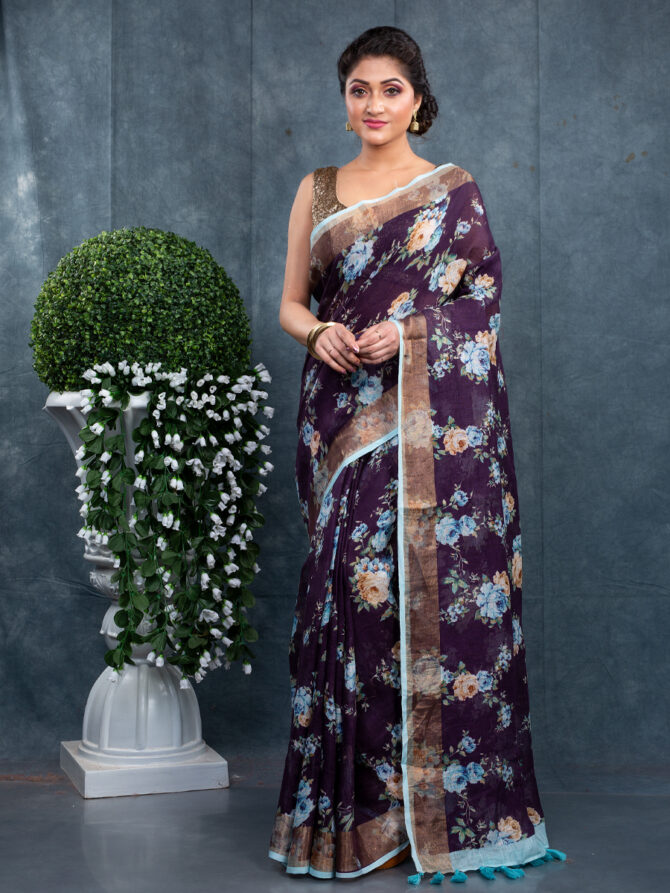 Purple With Sky Blue Flowers A Floral Digital Printed Saree
