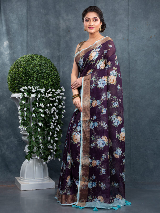 Purple With Sky Blue Flowers A Floral Digital Printed Saree