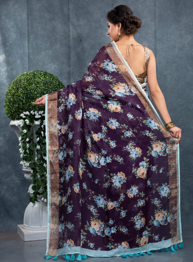 Purple With Sky Blue Flowers A Floral Digital Printed Saree