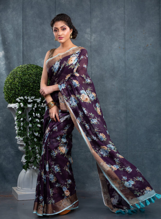Purple With Sky Blue Flowers A Floral Digital Printed Saree