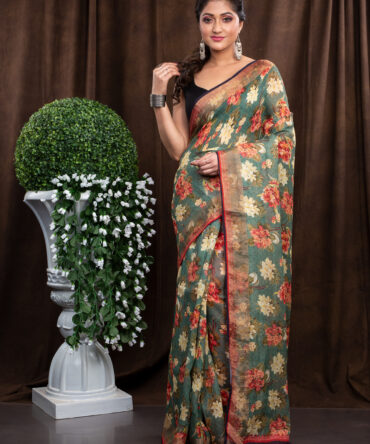 Green-Black Combination Kalamkari Digital Printed Saree