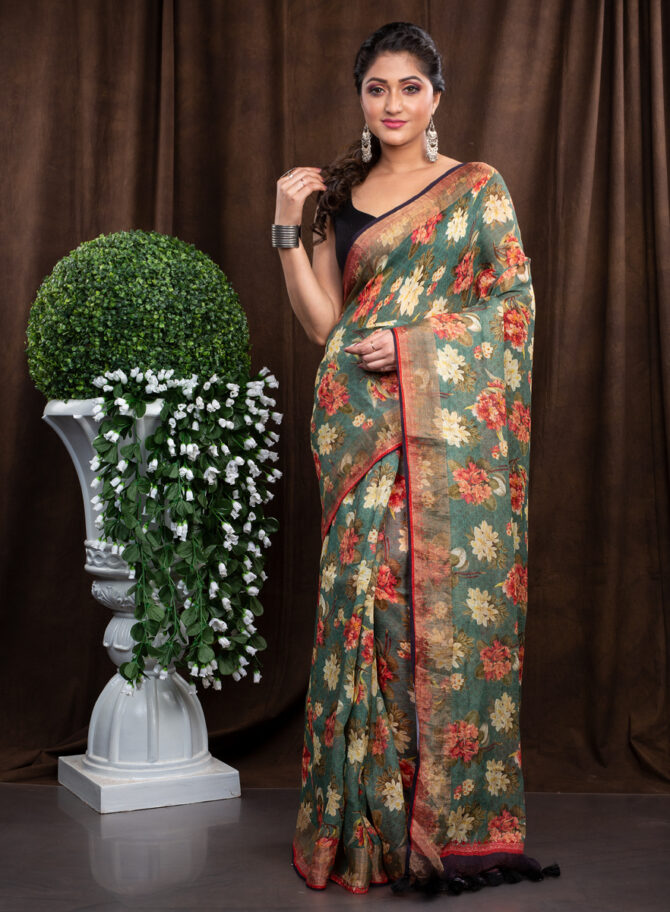 Green-Black Combination Kalamkari Digital Printed Saree