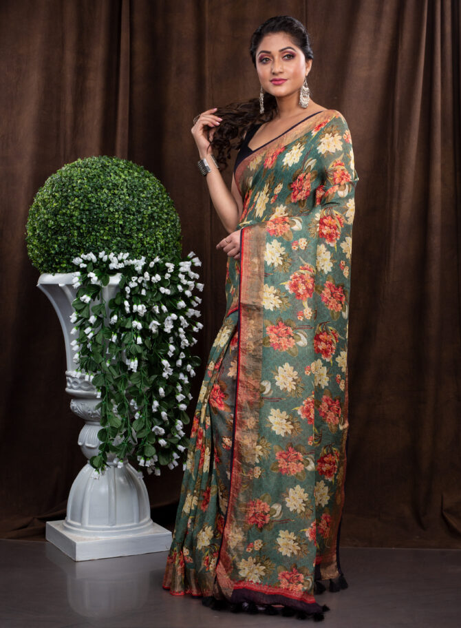 Green-Black Combination Kalamkari Digital Printed Saree