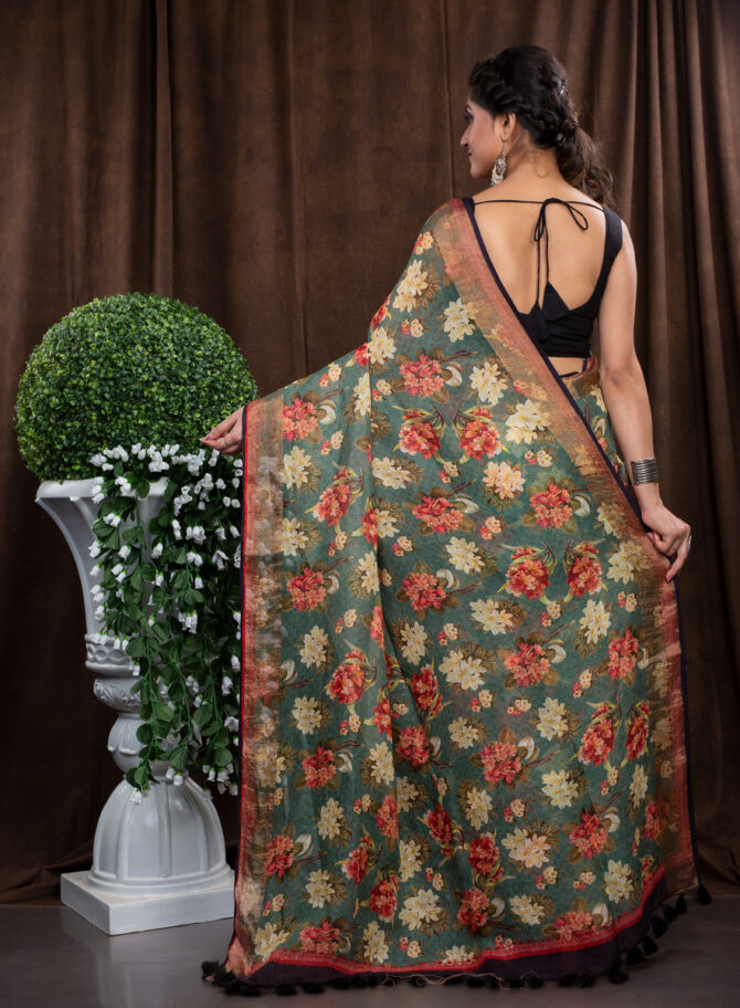 Green-Black Combination Kalamkari Digital Printed Saree