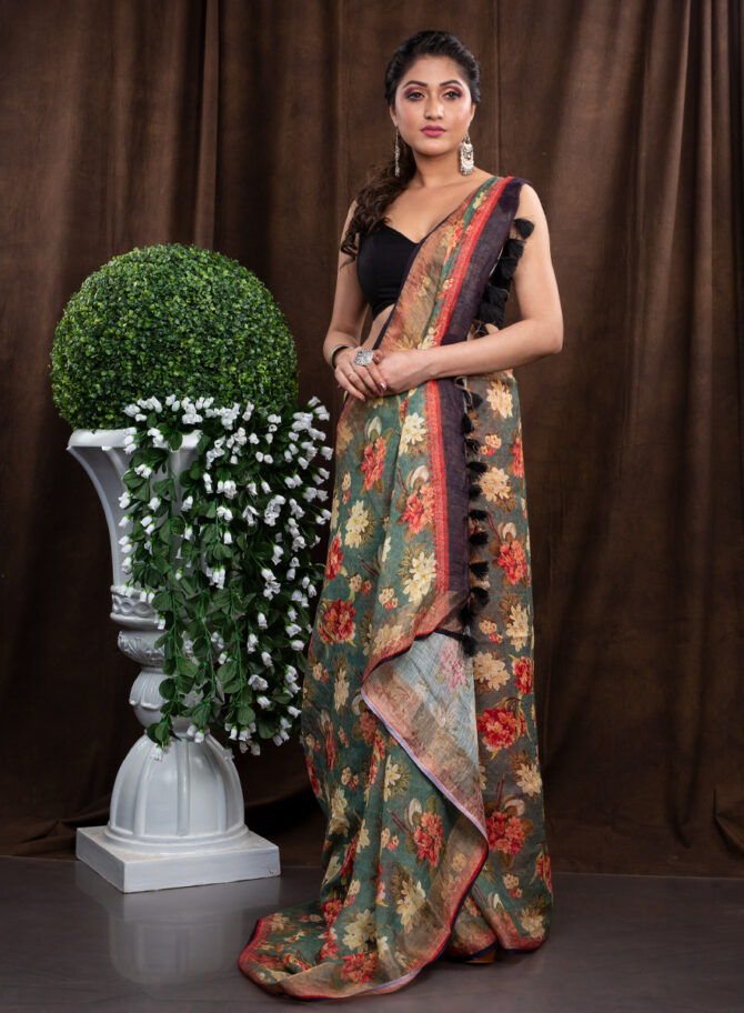 Green-Black Combination Kalamkari Digital Printed Saree