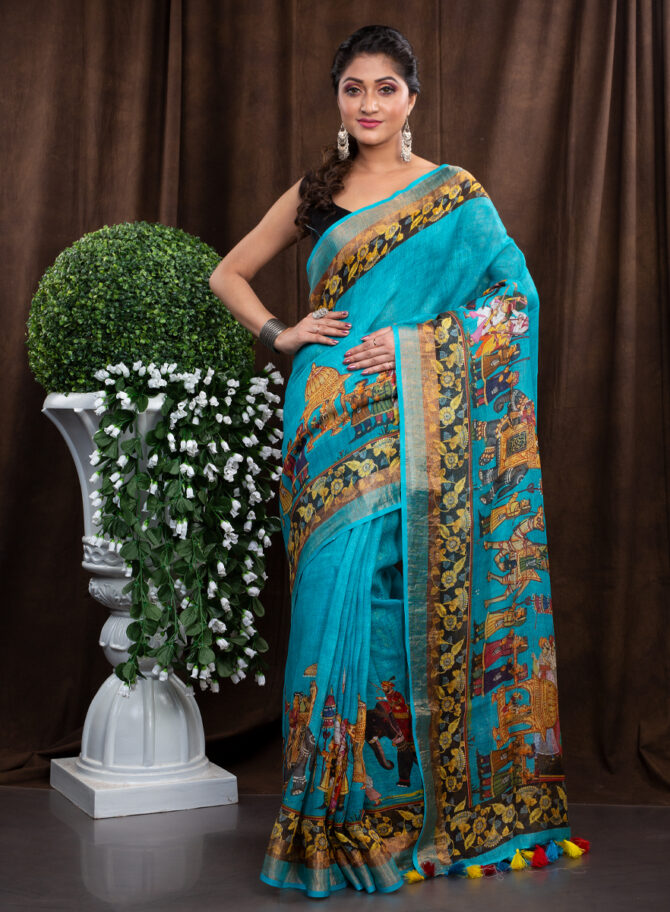 Blue With Bold Border A Pichwai Designing Saree