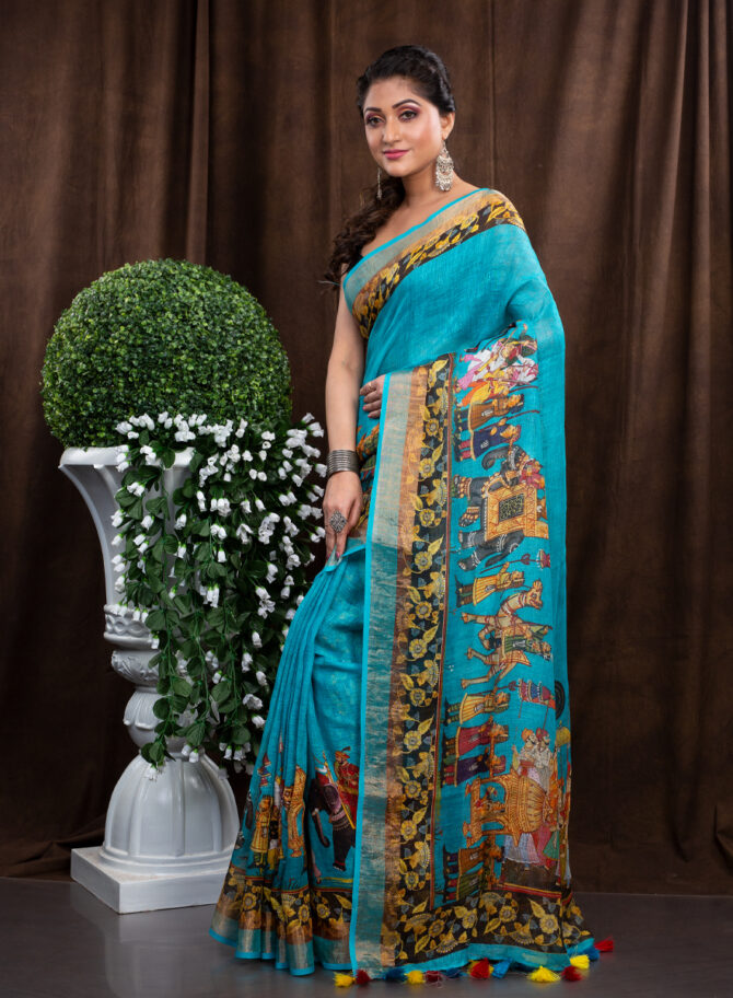 Blue With Bold Border A Pichwai Designing Saree
