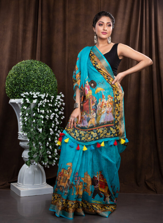 Blue With Bold Border A Pichwai Designing Saree