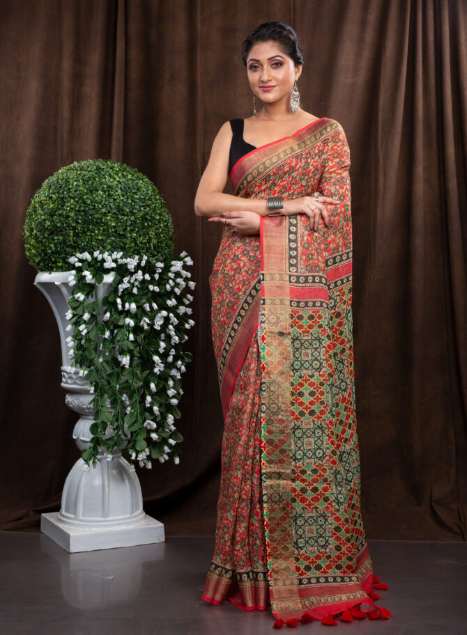 Brownish With Lots Of Multi-Doted Ajrakh Patola Printed Saree