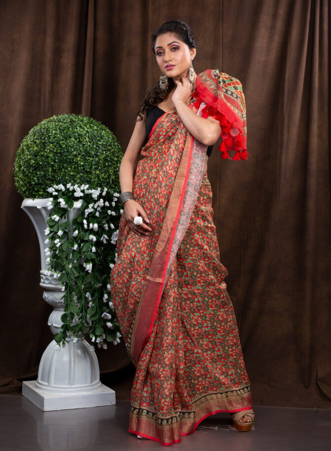 Brownish With Lots Of Multi-Doted Ajrakh Patola Printed Saree