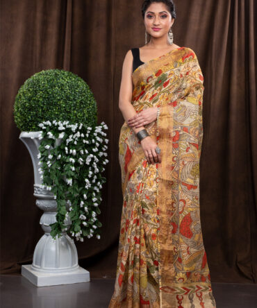 Multi-Mixed Scattered Colour Of Gold In Kalamkari Pattern Saree