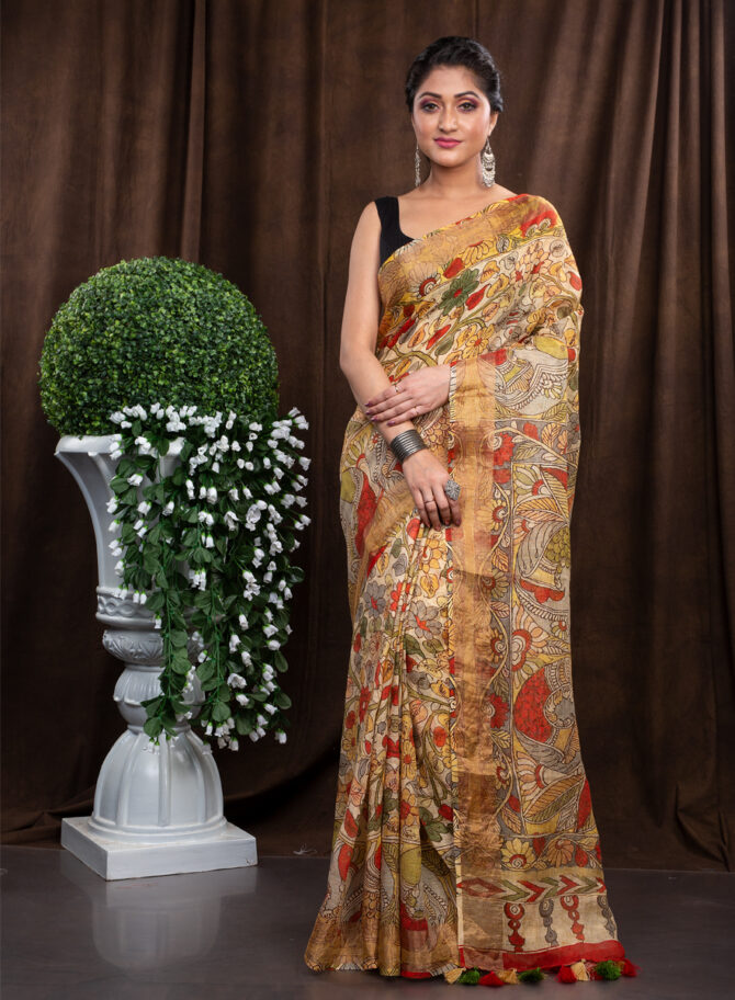 Multi-Mixed Scattered Colour Of Gold In Kalamkari Pattern Saree