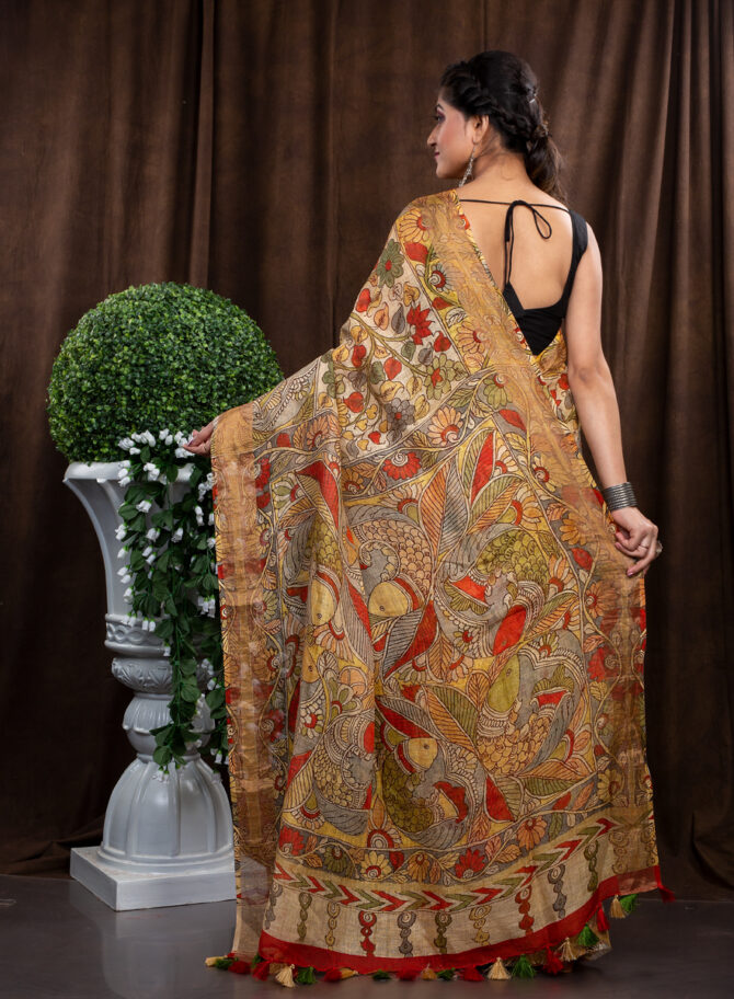 Multi-Mixed Scattered Colour Of Gold In Kalamkari Pattern Saree