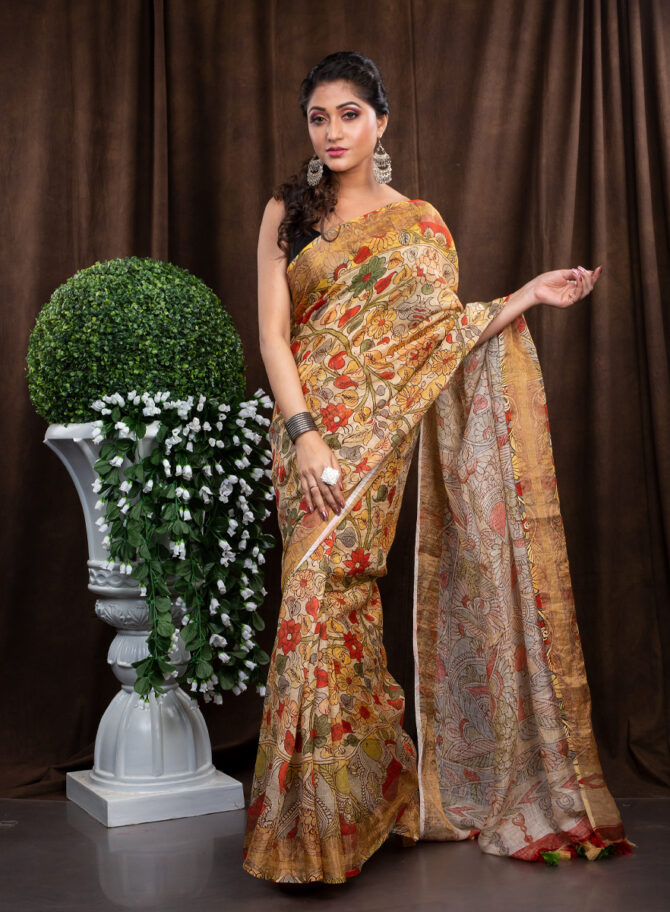 Multi-Mixed Scattered Colour Of Gold In Kalamkari Pattern Saree